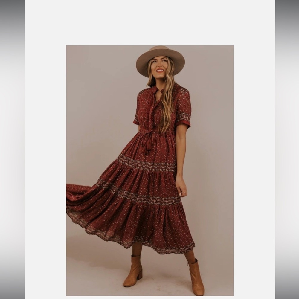 🍷 Free People Boho Floral Ruffle Maxi Dress – Burgundy 🍷 size small